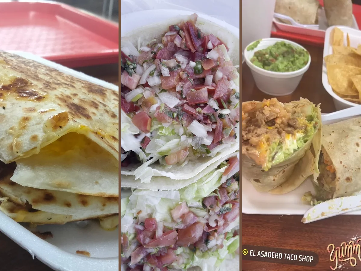 Colorful plates of tacos and burritos on a table.