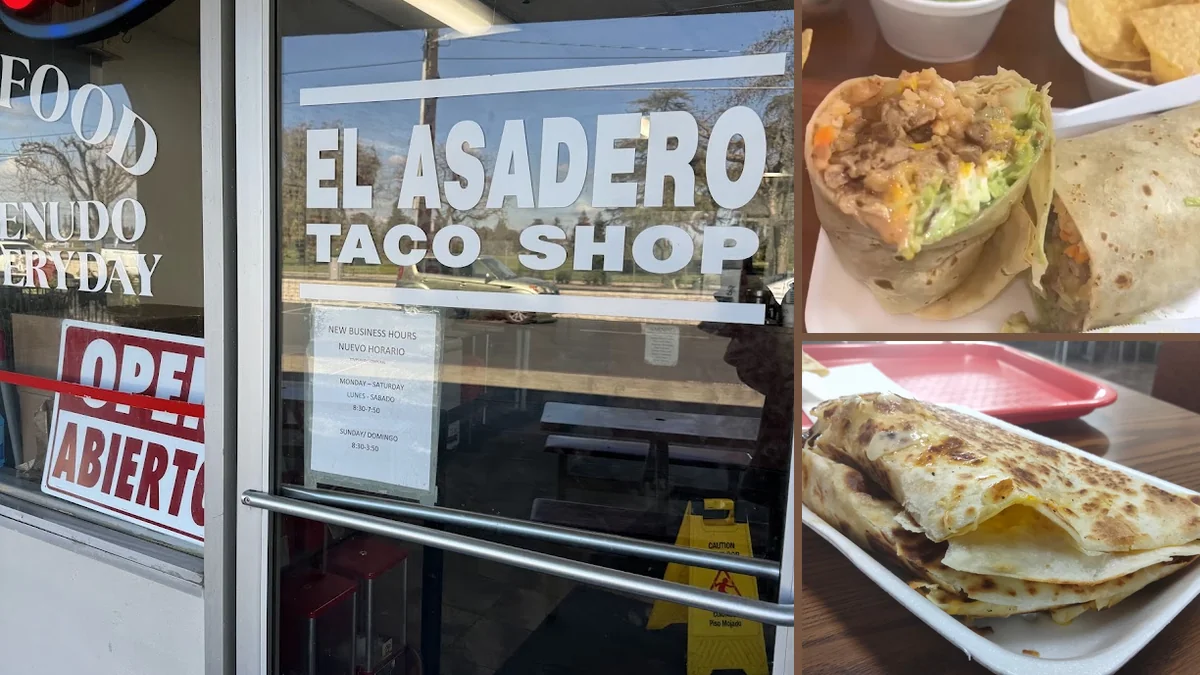 Outdoor seating beside a Turlock taco shop.
